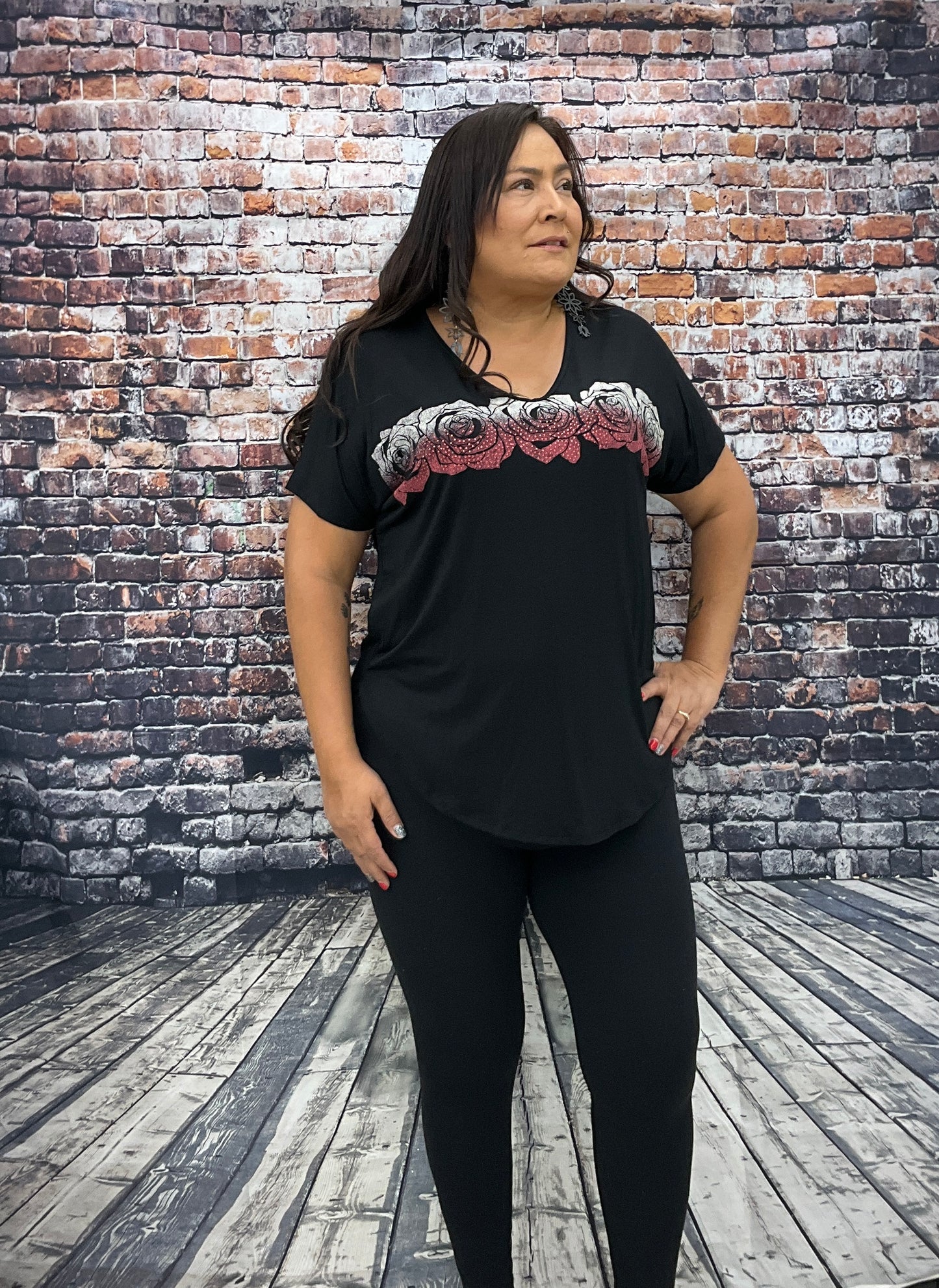 Vneck Rose Short Sleeve Top w/ Rhinestones