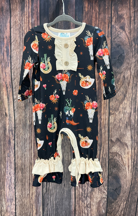 Black Floral Skull Long Sleeve Baby Romper (0m-2T)