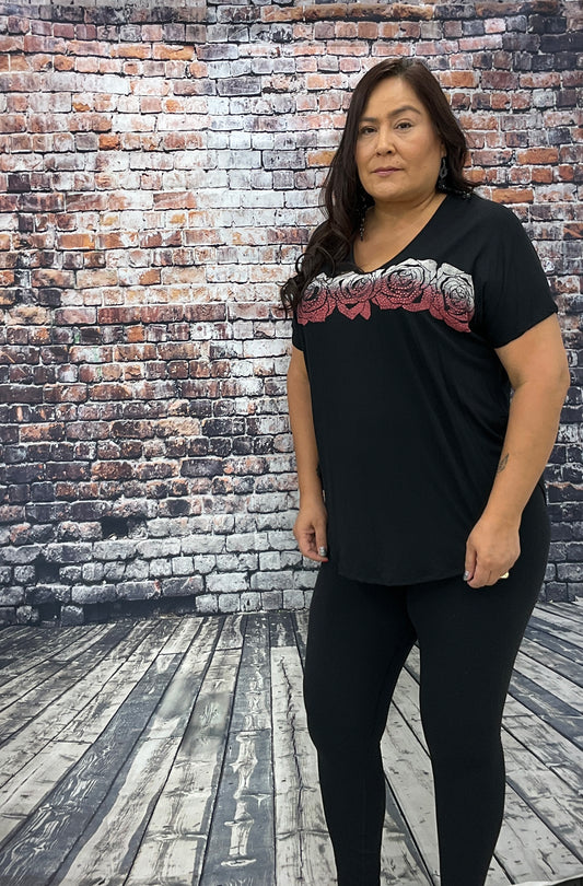 Vneck Rose Short Sleeve Top w/ Rhinestones