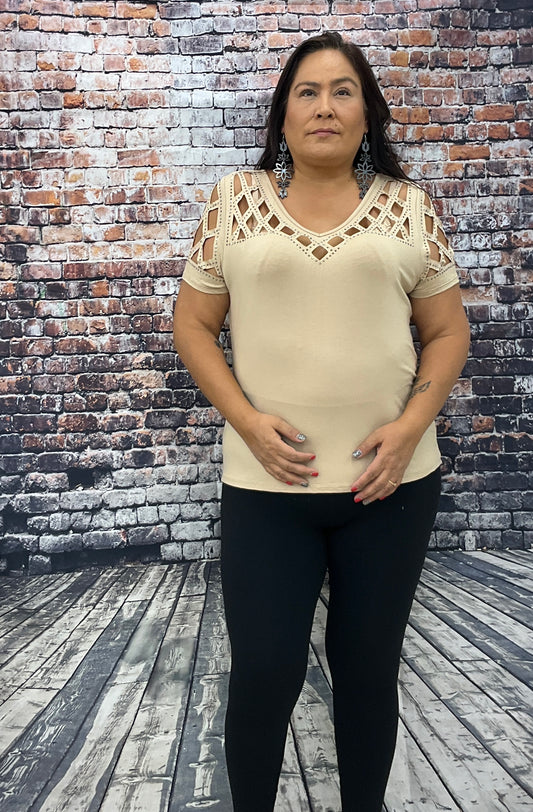 Ladies V- Neck Short sleeve Top Diamond cut pattern