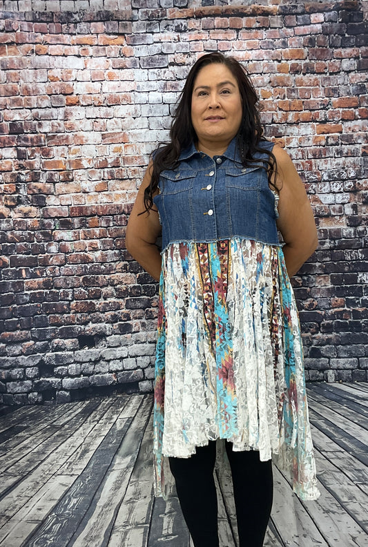 Ladies Denim Vest W/ Lace Layer
